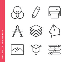 Set of line icons related to graphic design. Outline icons collection. Editable stroke. Vector illustration