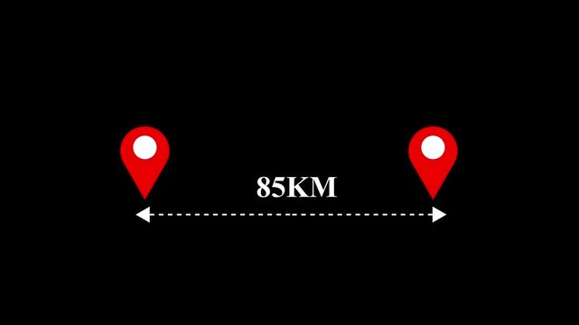 85 km distance from one place to another animation isolated on black background
