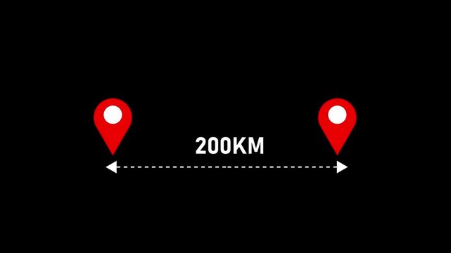 200 km distance from one place to another animation isolated on black background