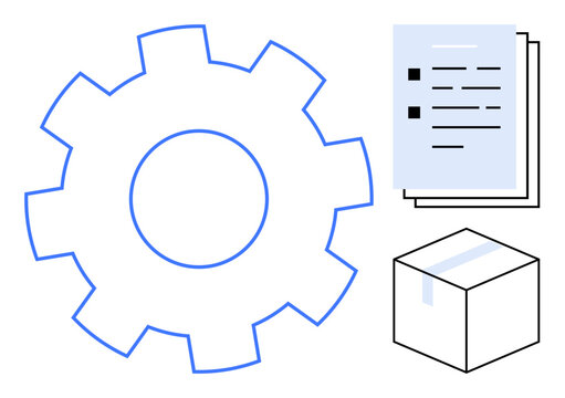 Large gear next to stack of documents and sealed box, signifying workflow, task organization, and supply chain. Ideal for operations, logistics, planning, strategy, teamwork productivity simple