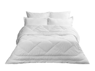 a bed with white pillows and a blanket, a mock-up for a bedroom design, isolated