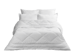 a bed with white pillows and a blanket, a mock-up for a bedroom design, isolated