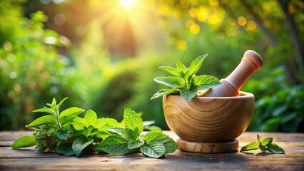 Wooden mortar and pestle with fresh green herbs in a sunlit garden setting