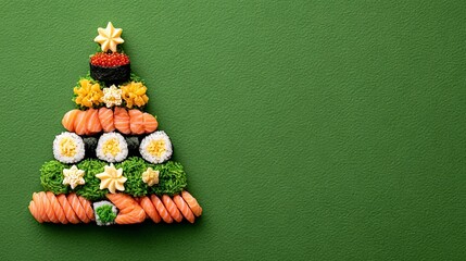 Christmas tree made of sushi and rolls on an isolated background