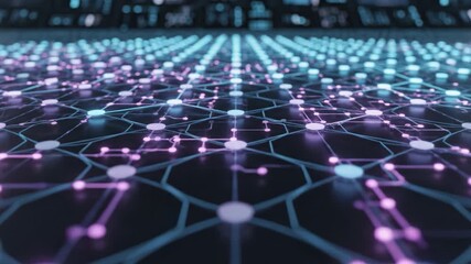 Neon glowing network nodes connected by lines on dark surface creating futuristic digital grid with blue and purple lights symbolizing technology data flow and abstract glowing connection - Powered by Adobe