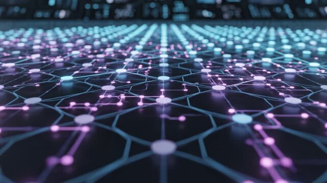 Neon glowing network nodes connected by lines on dark surface creating futuristic digital grid with blue and purple lights symbolizing technology data flow and abstract glowing connection