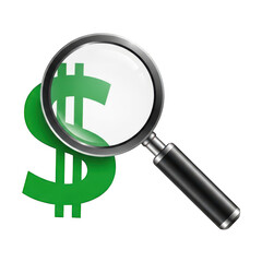 Magnifying glass focusing on a large green currency symbol against a black background