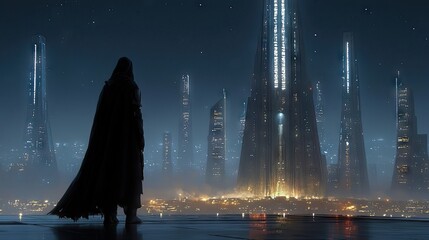 A lone figure, silhouetted in a dark cloak, stands on a rooftop, observing a sprawling, futuristic cityscape at night. Towering skyscrapers with illuminated win