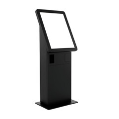 Black information kiosk mockup with blank screen isolated on black background