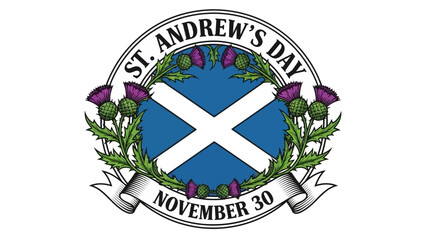 Celebrate St Andrews Day with this beautiful Scottish flag emblem featuring November 30th and elegant thistle floral accents for your holiday designs