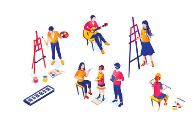 Fototapeta premium Isometric set of people enjoying creative hobbies like music and art vector (6)
