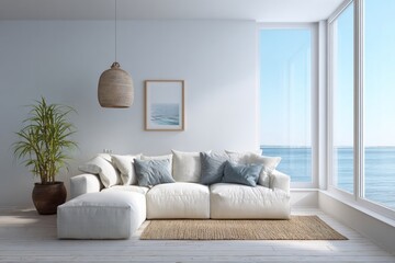 Bright contemporary living space features comfortable seating and expansive ocean views through large windows