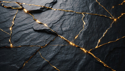 Kintsugi Cracked Black Stone Texture With Golden Fissures