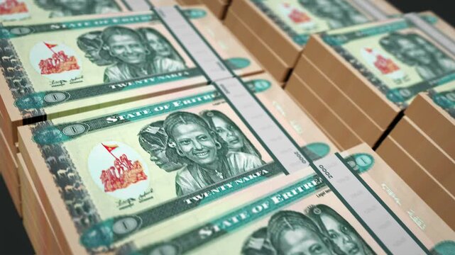 Eritrea Nakfa Eritrean money pack loop 3d animation. Loopable seamless concept of finance, cash, economy, business and bank. Camera moving over 20 ERN banknote bundle stacks.