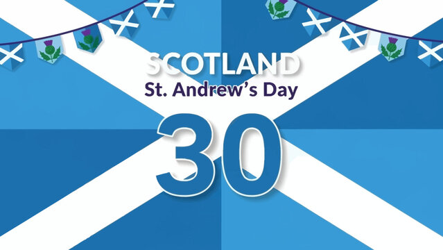 Celebrate St. Andrew's Day in Scotland with festive blue and white design, perfect for holiday greetings and cultural event promotions on November 30th.