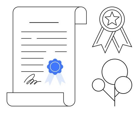 Certificate scroll with seal and signature, award ribbon, and balloons. Ideal for success, recognition, certification, reward, achievement education or celebration-themed designs. A simple flat