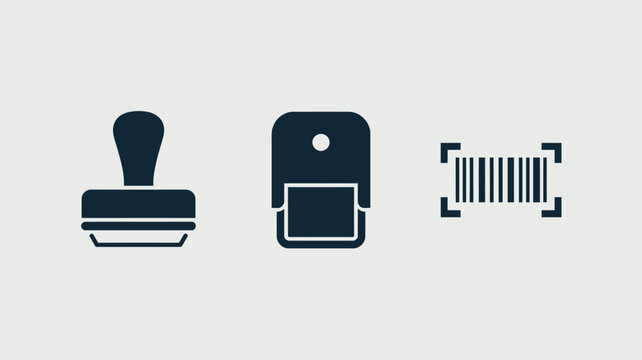 A simple illustration of a rubber stamp, self inking stamp, and a barcode on a light background