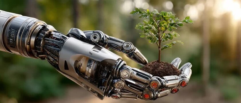 Nature's Embrace: A robotic hand tenderly cradles a young seedling, highlighting the symbiotic relationship between technology and environment.