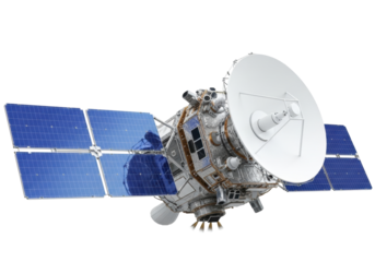 A sleek, intricate modern communication satellite with iridescent blue solar panels, a white parabolic dish, and metallic details, isolated on a transparent background. Concept of global connectivity