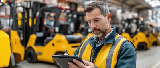Warehouse Supervisor Inspecting Equipment: A focused warehouse supervisor meticulously reviews information on a tablet amidst a row of industrial forklifts, symbolizing efficient operations. - Powered by Adobe