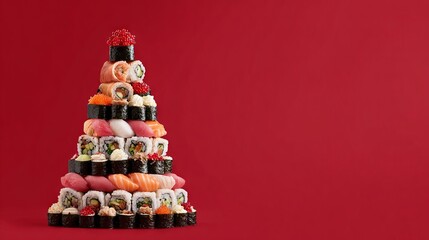 Christmas tree made of sushi and rolls on an isolated background