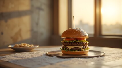 Realistic burger on plate with sesame bun and fresh ingredients. Gourmet hamburger with lettuce tomato cheese and beef patty. Juicy BBQ style burger close up food photography.