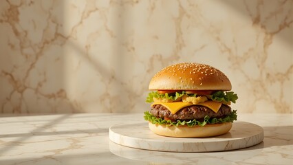 Realistic burger on plate with sesame bun and fresh ingredients. Gourmet hamburger with lettuce tomato cheese and beef patty. Juicy BBQ style burger close up food photography.