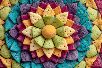 a colorful mandala-like arrangement of various triangular snack chips, centered around a spherical orange chip, creating an appealing and organized pattern