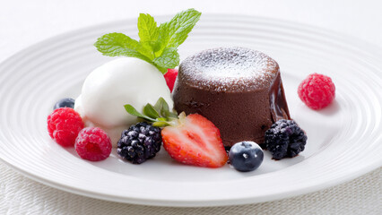 Decadent chocolate lava cake served with vanilla ice cream, fresh berries, and mint leaves on a white plate, showcasing a delightful dessert experience