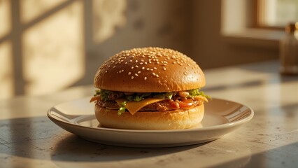 Realistic burger on plate with sesame bun and fresh ingredients. Gourmet hamburger with lettuce tomato cheese and beef patty. Juicy BBQ style burger close up food photography.