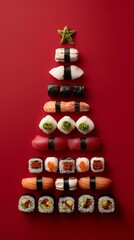 Fototapeta premium Christmas tree made of sushi and rolls on an isolated background