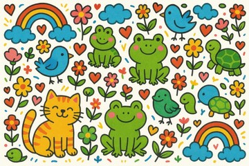 Obraz premium Bright and cheerful doodles of cats, a frog, a turtle, birds, flowers, and a rainbow create a joyful nature-inspired pattern full of color and charm.