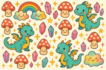 Naklejka premium Charming cartoon dragons surrounded by smiling mushrooms, colorful crystals, rainbows, stars, and fluffy clouds create a playful fantasy design.