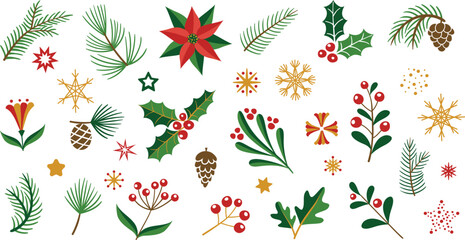 Obraz premium Winter Foliage collection with Holly, Pinecones, Berries and other plants for Christmas