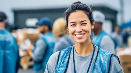 Community Volunteer Team: Smiling Worker in Blue Vest Coordinating Aid