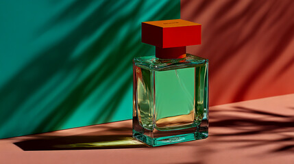 A square glass perfume bottle with an orange cap. On top of the cap is a red geometric shape. The background color is a light green and pink pastel blend.