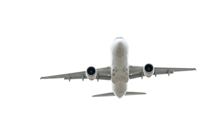 Large modern white passenger airplane with jet engines, flying upward, isolated on transparent studio background with copy space, concept of global air travel