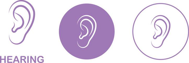 Hearing ear icon set collection group in black flat line style, auditory sense symbol illustration pack of sound listening signs, outline ear graphic bundle for sensory perception elements