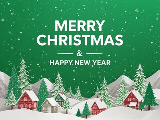 Green Merry Christmas and Happy New Year greeting card with snowy winter landscape, cozy houses, and pine trees