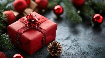 red christmas present box with a bow and pine cones on a dark background, close-up view, background for a holiday season concept.