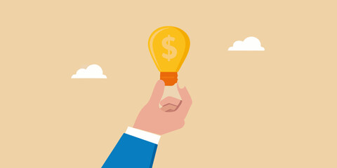 Hand holding a lightbulb with a dollar sign symbolizing financial ideas