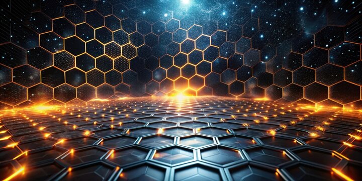 Futuristic Hexagonal Grid Illuminated with Glowing Orange and Blue Lights Against a Dark Background