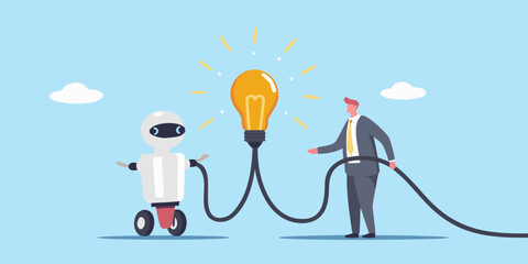 Man and robot connect to a bright idea lightbulb