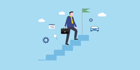 Businessman climbing stairs towards goal flag with business icons