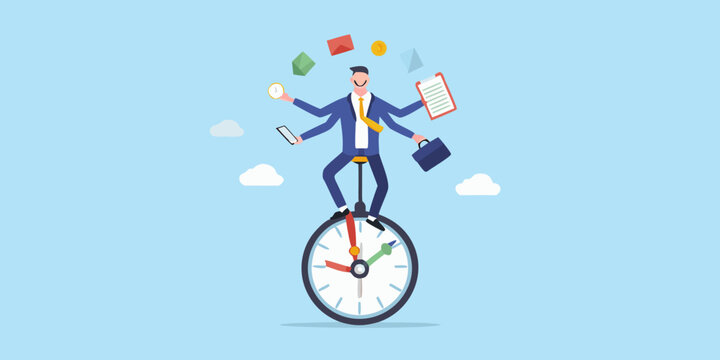 Multitasking businessman juggling tasks on a clock unicycle