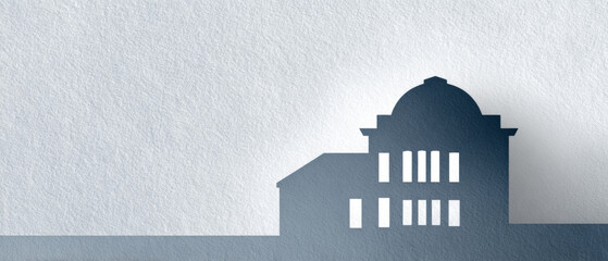 Fototapeta premium Minimalist paper cutout of a classical building silhouette with dome and columns casting shadow on textured white background