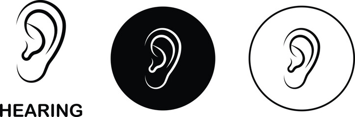 Hearing ear icon set collection group in black flat line style, auditory sense symbol illustration pack of sound listening signs, outline ear graphic bundle for sensory perception elements
