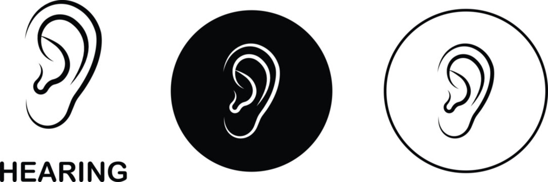 Hearing ear icon set collection group in black flat line style, auditory sense symbol illustration pack of sound listening signs, outline ear graphic bundle for sensory perception elements
