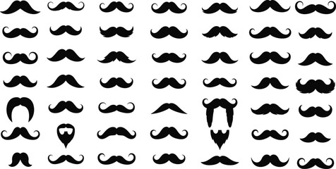 Huge Set of Black Mustache and Beard Silhouettes Vector Icons - Vintage, Hipster, and Gentleman Facial Hair Styles Collection
