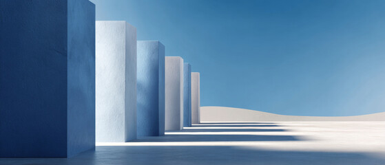 Fototapeta premium Minimalist architectural scene with tall rectangular pillars casting long shadows on smooth ground under clear blue sky
